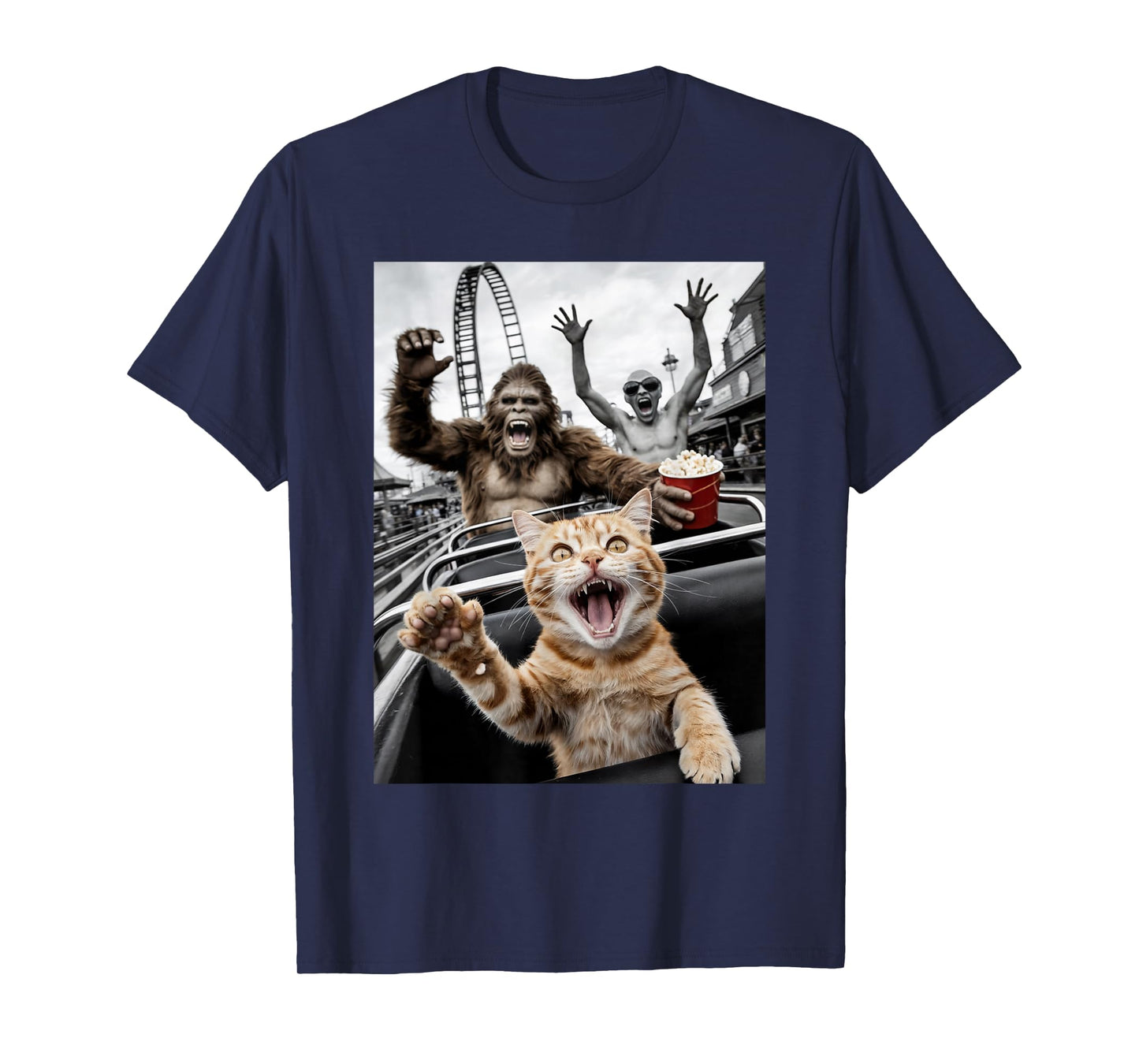 Funny Cat Selfie Bigfoot Alien Roller Coaster T-Shirt