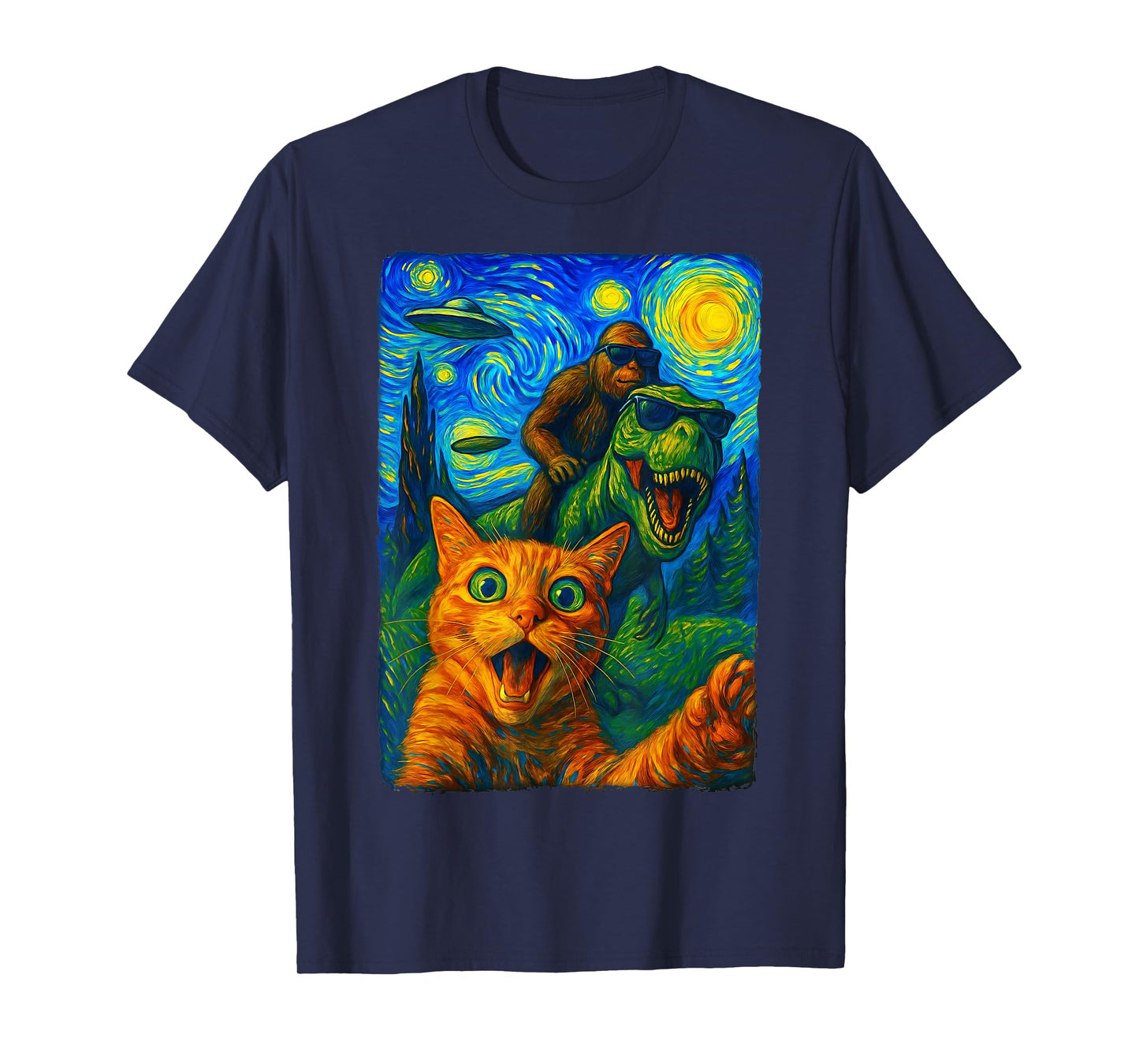 Cat T-Rex Bigfoot UFO Selfie T-Shirt