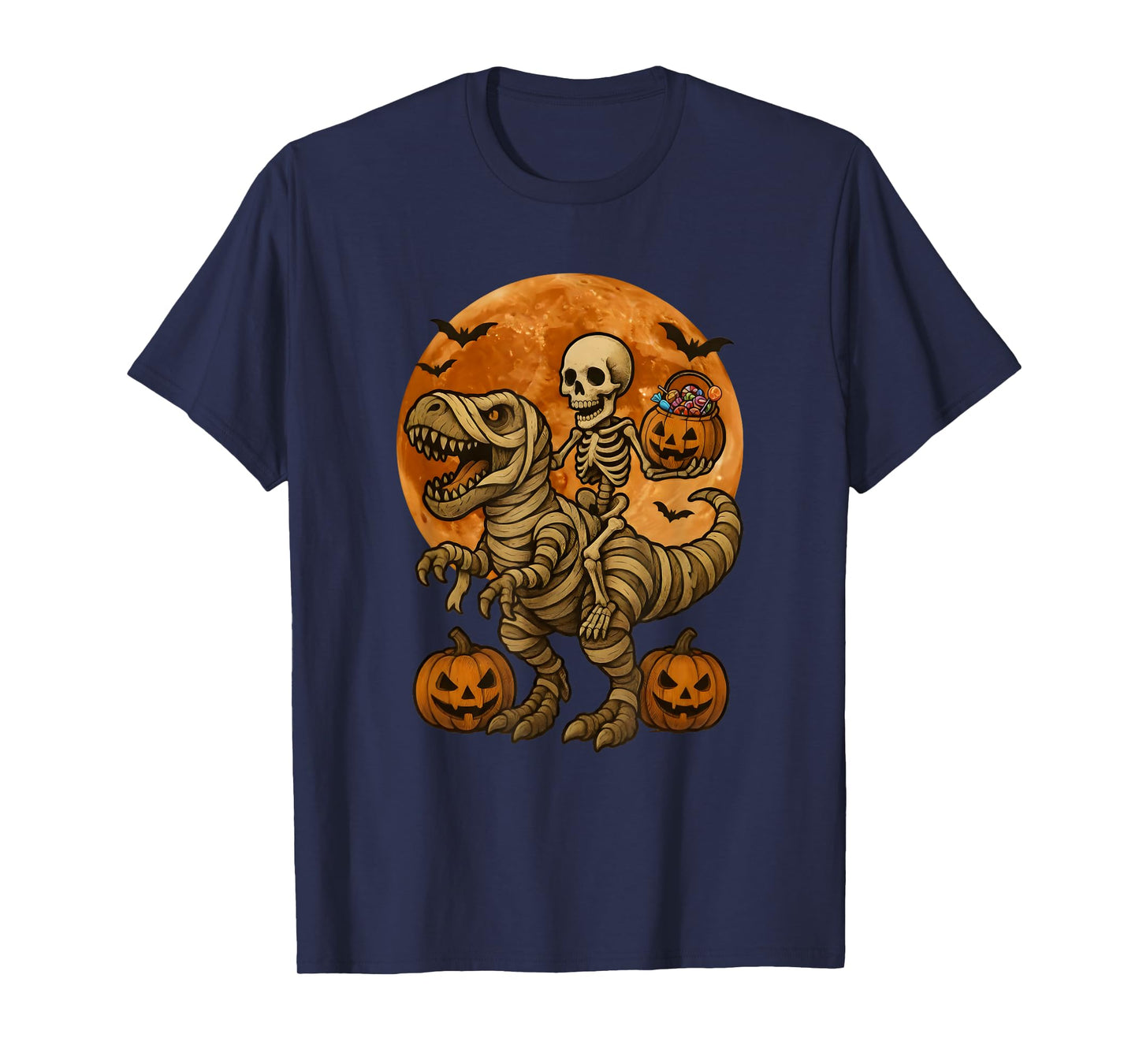 Skeleton on Dinosaur for Spooky Halloween Costume Pumpkin T-Shirt