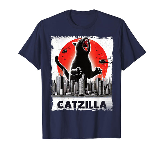 Catzilla Roaring Over City Skyline Cat Monster Kitten Kitty T-Shirt, Small, Black