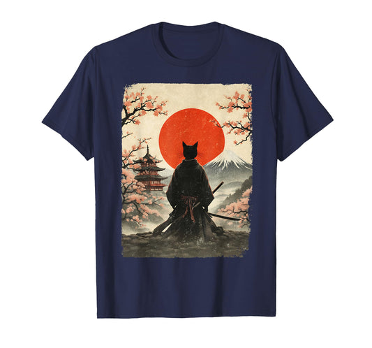 Samurai Cat Warrior Fuji Mount Vintage Japanese Art Graphic T-Shirt