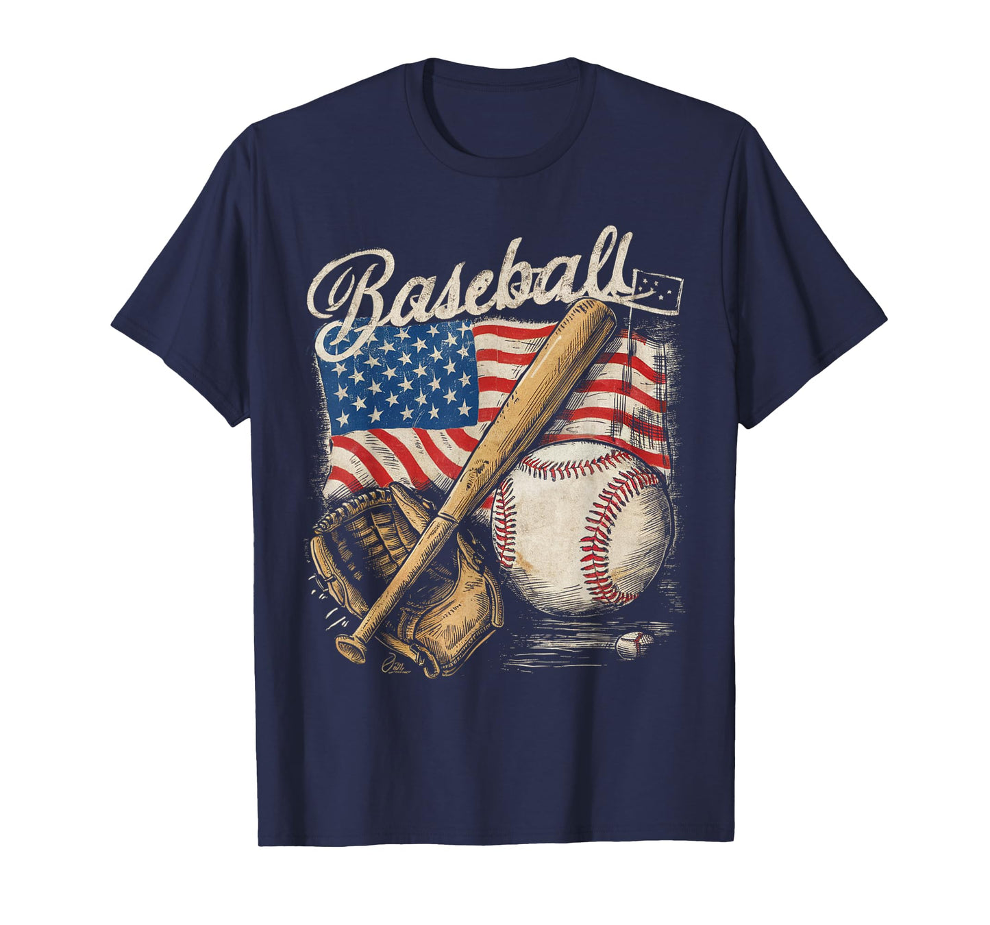 American Flag Baseball Player Bat Fan Catcher Pitcher USA T-Shirt