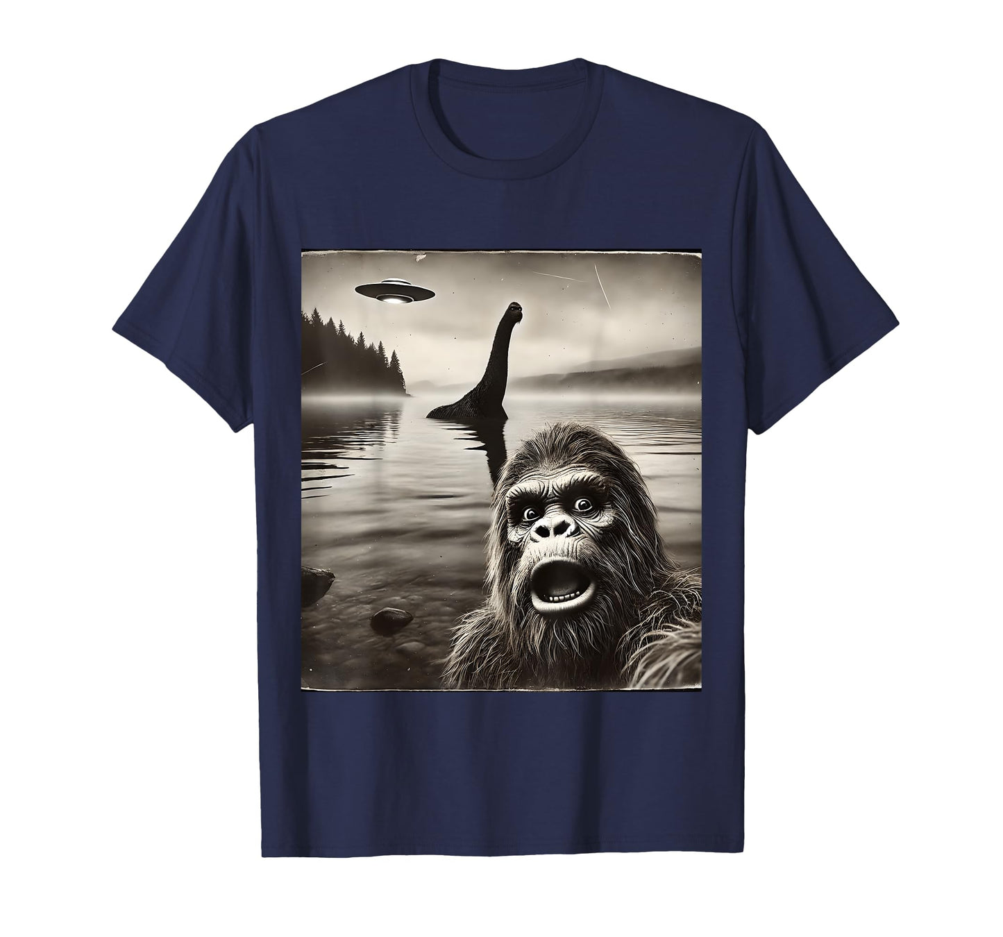 Bigfoot Selfie With Loch Ness Monster And UFO Aliens Graphic T-Shirt