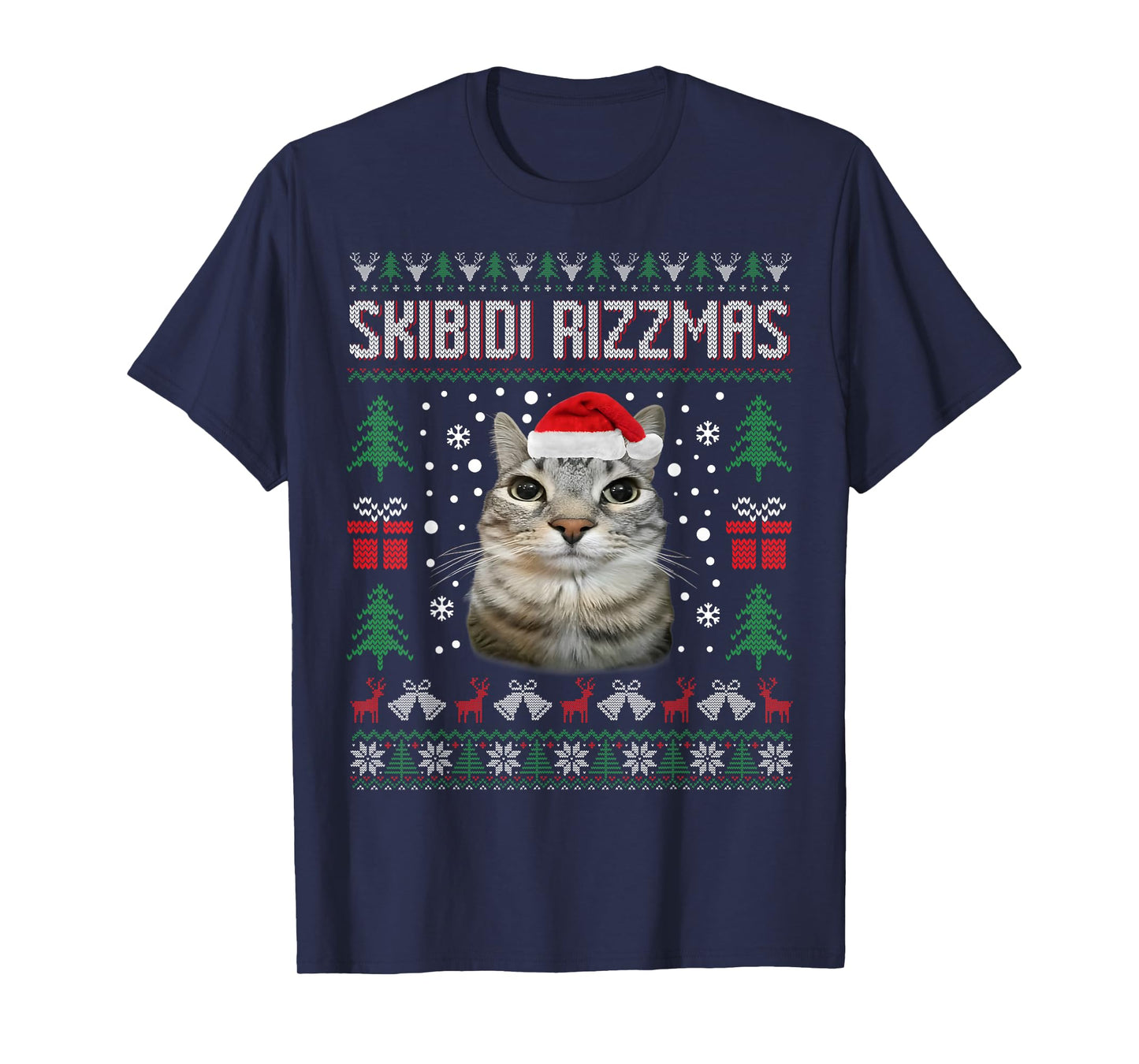 Skibidi Rizzmas Funny Silly Staring Cat Ugly Sweater Xmas T-Shirt