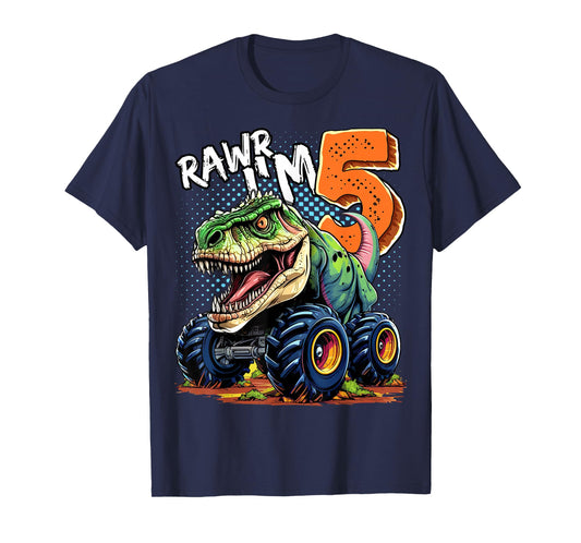 Monster Truck Dinosaur T-Rex 5th Birthday Boy 5 Year Old T-Shirt