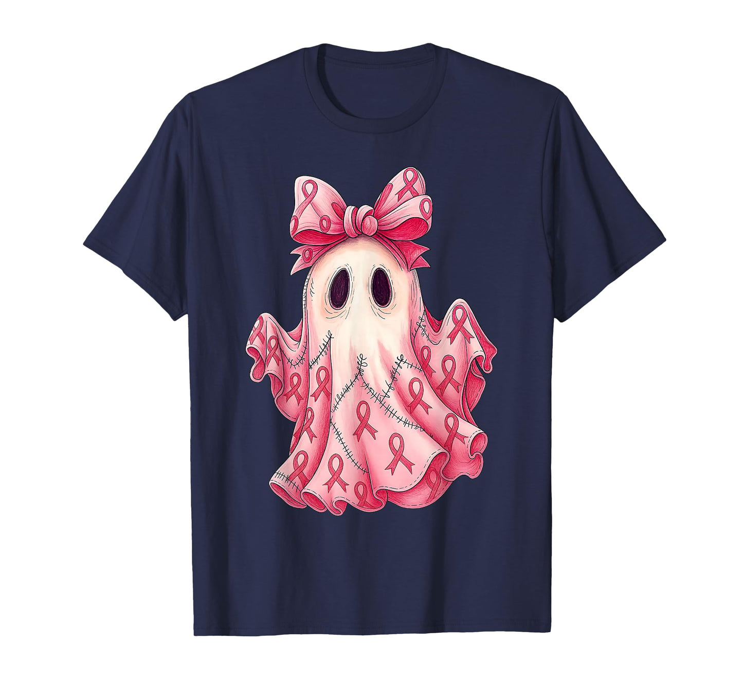 Cute Pink Ribbon Patchwork Ghost Breast Cancer Halloween T-Shirt