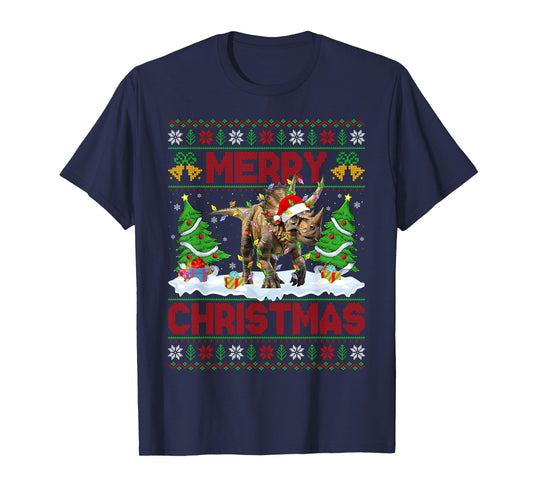 Triceratops Ugly Xmas Sweaters Dinosaur Lights Christmas T-Shirt