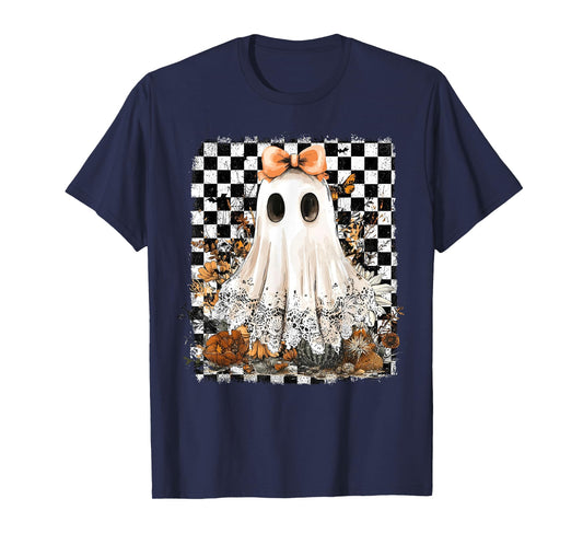 Coquette Bow Ghost Spooky Season Halloween Checkered Retro T-Shirt