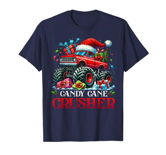 Christmas Candy Cane Crusher Red Monster Truck Present T-Shirt