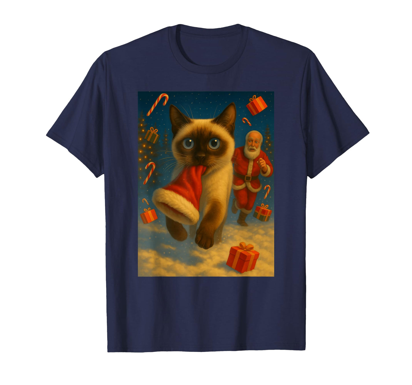 Christmas Santa Sleigh Siamese Cat Selfie Xmas Meme T-Shirt