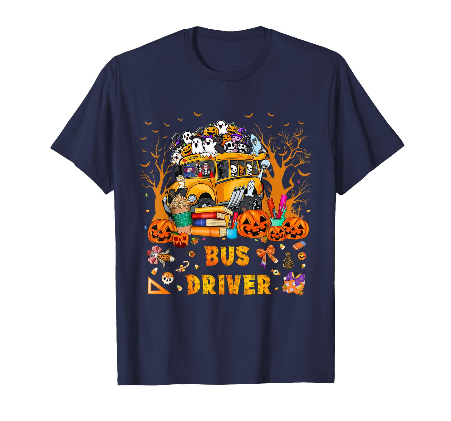 School Bus Driver Pumpkin Season Skeleton Fall Halloween T-Shirt