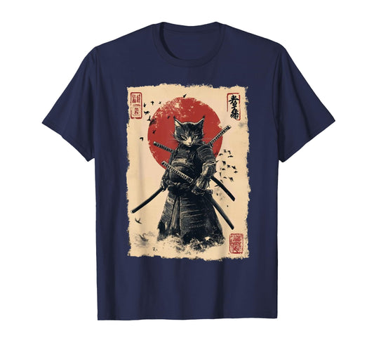Vintage Japanese Art Anime Graphic Samurai cat Warrior T-Shirt