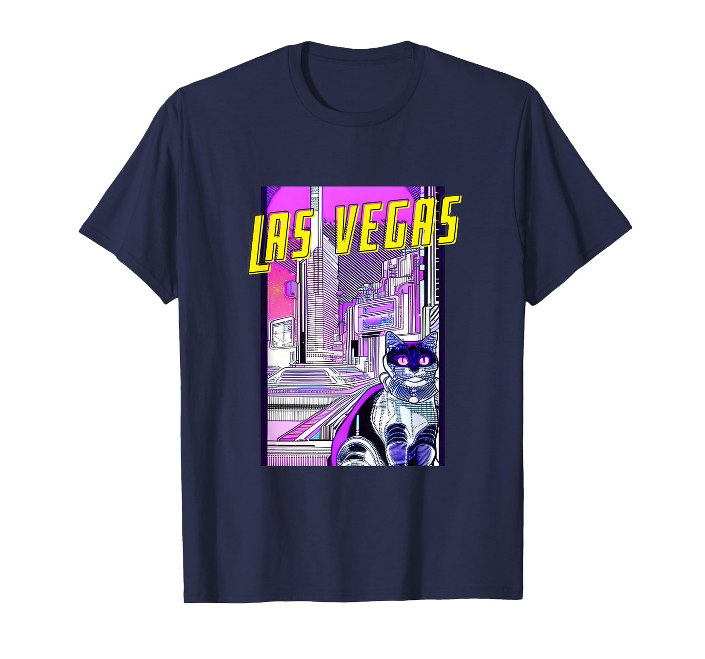 Las Vegas Cat Retro Anime Cityscape Nevada USA Vintage Funny T-Shirt