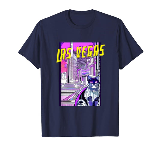 Las Vegas Cat Retro Anime Cityscape Nevada USA Vintage Funny T-Shirt