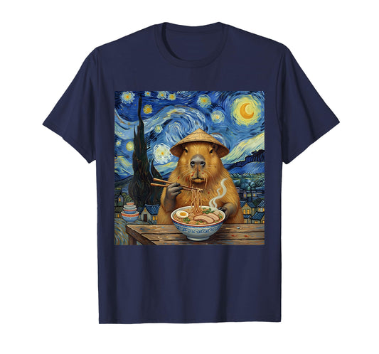 Capybara Eating Ramen Van Gogh Style Art Men Women Kids T-Shirt
