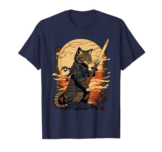 Retro Japanese Warrior Katana Ninja Cat, Samurai Kitten T-Shirt
