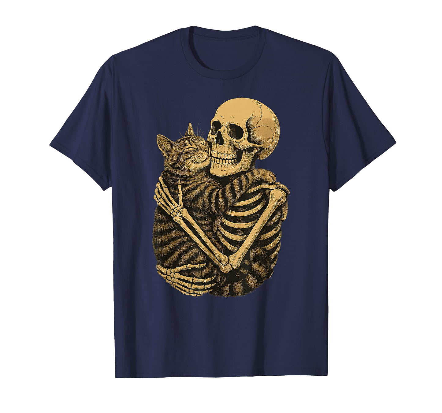 Funny Skeleton Hugging Cat Halloween Cat Lover Cat Mom Dad T-Shirt