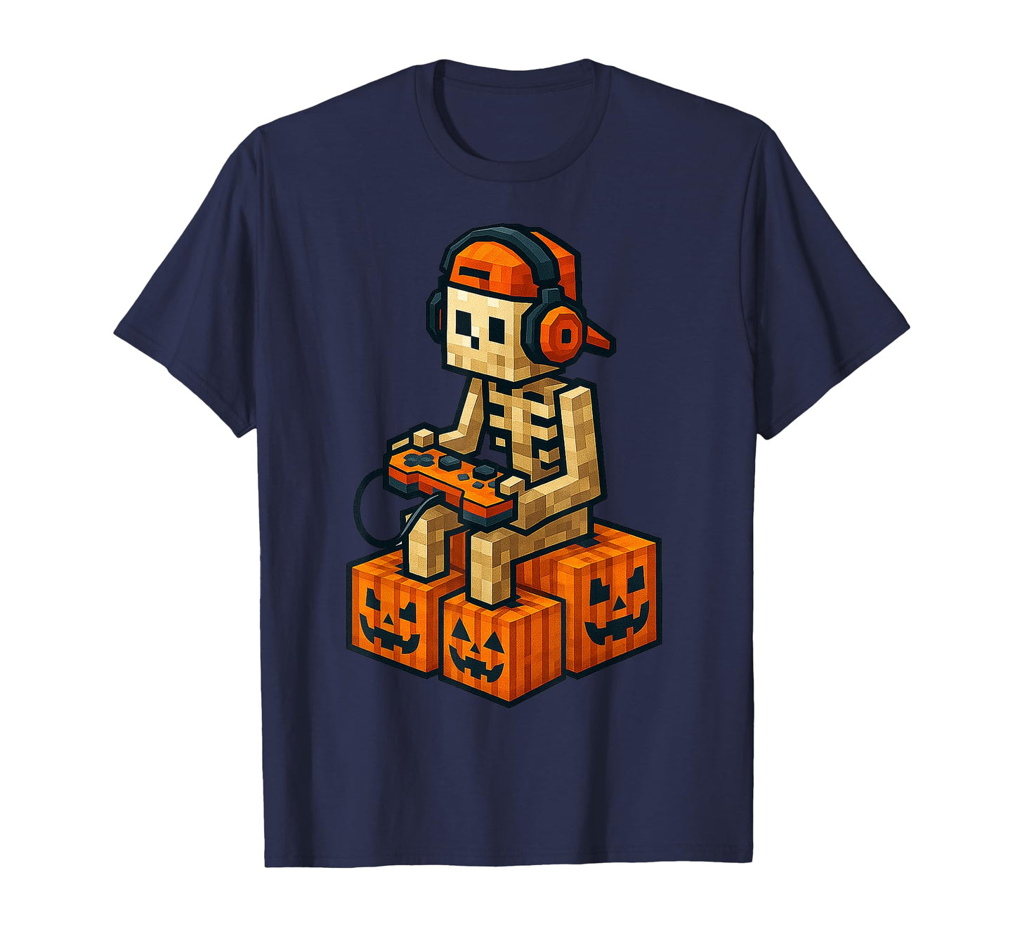 Spooky Skeleton Pumpkin Halloween Video Game Pixel Kids Boy T-Shirt