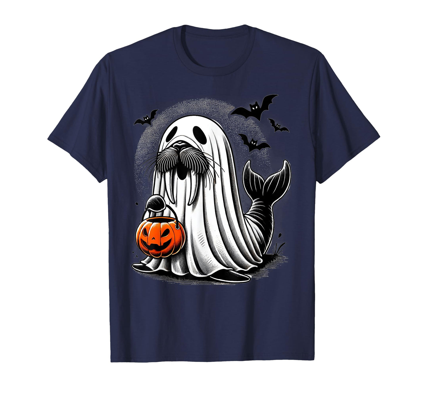 Funny Halloween Seal Ghost Costume Walrus Holding Pumpkin T-Shirt
