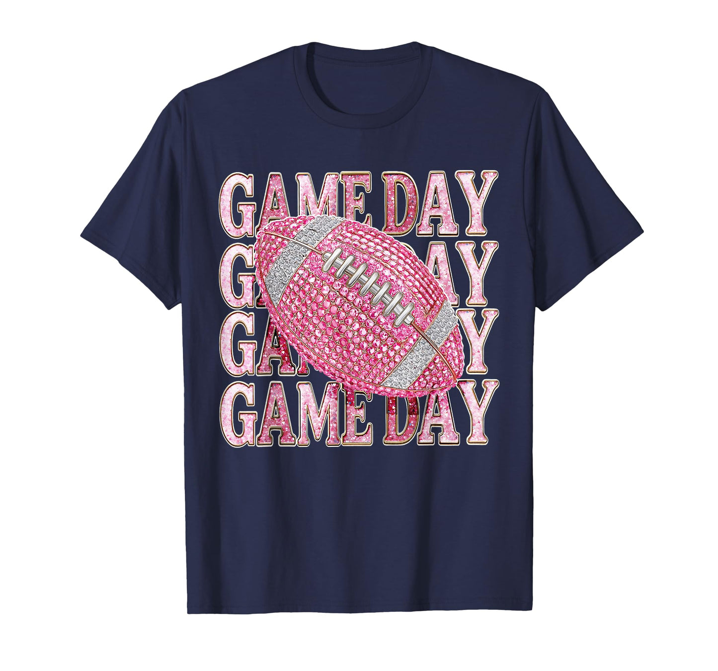 Pink Sparkle Game Day Football Mom Team Girls Women Black T-Shirt