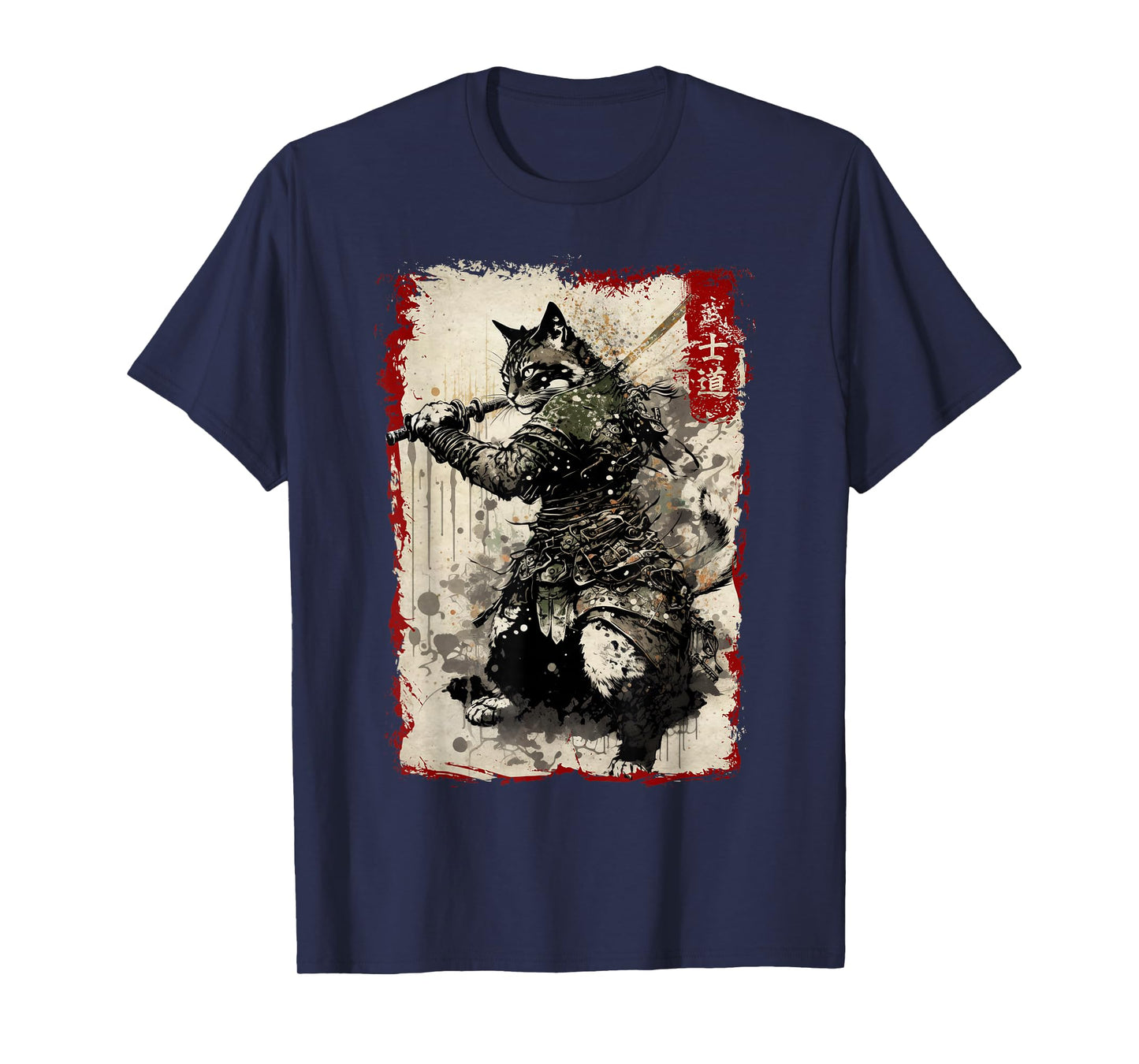 Samurai Cat Graphic Tee Warrior Vintage Japanese Art Anime T-Shirt