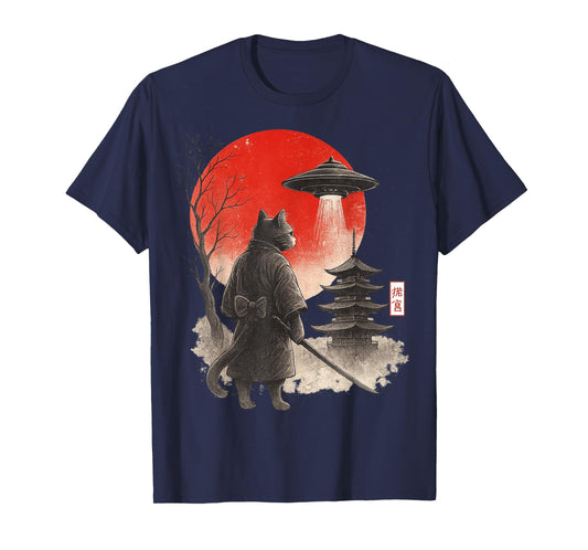 Samurai Ninja Cat Warrior UFO Japanese Anime Gifts Funny Cat T-Shirt