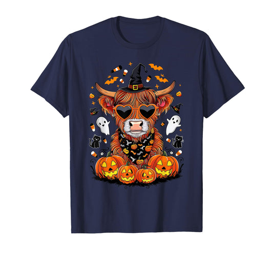 Halloween Highland Cow Farm Western Ghost Cow Witchy Pumpkin T-Shirt