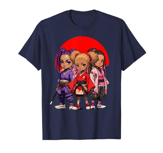 Samurai Girls Anime Afro | Japanese Retro Style Natural Hair T-Shirt