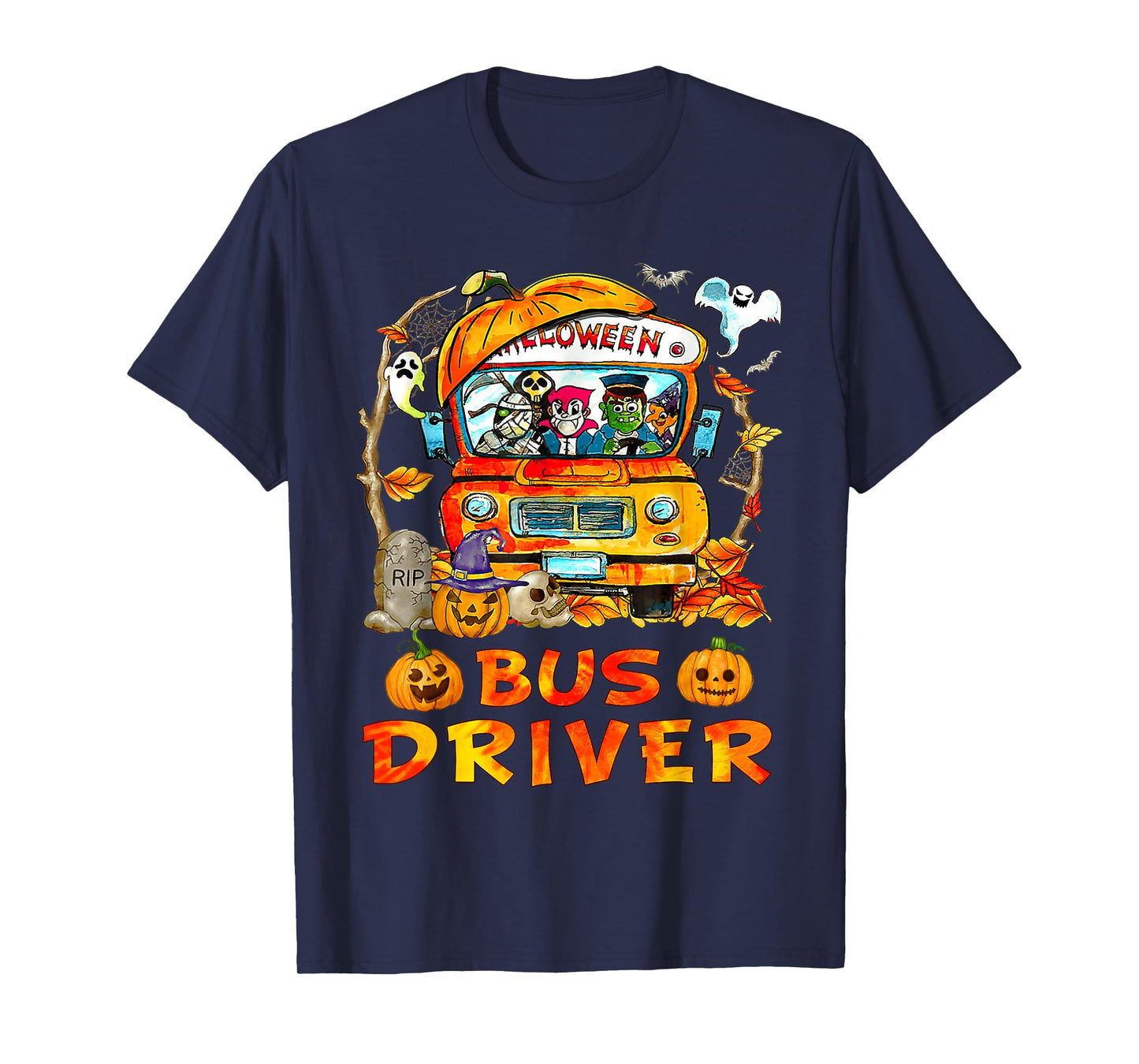 School Bus Driver Pumpkin Season Skeleton Fall Halloween T-Shirt