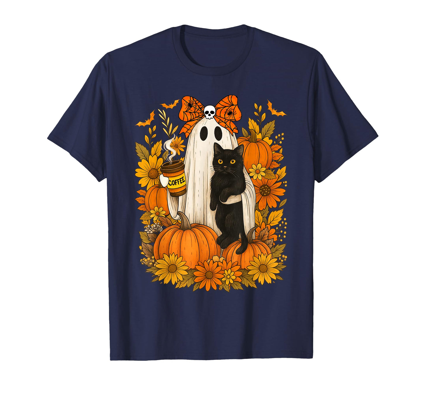 Vintage Halloween Ghost Holding Black Cat Groovy Floral T-Shirt