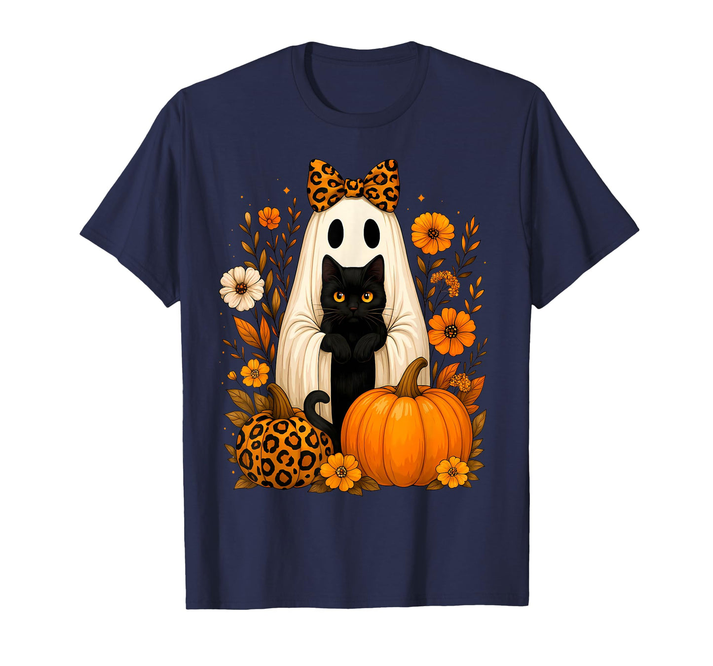 Ghost Holding Black Cat Leopard Print Autumn Halloween Women T-Shirt