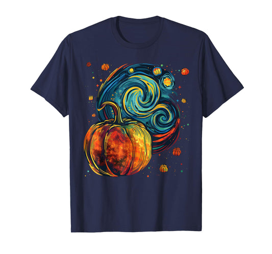 Cute Pumpkin Halloween Thanksgiving Starry Night Van Gogh T-Shirt