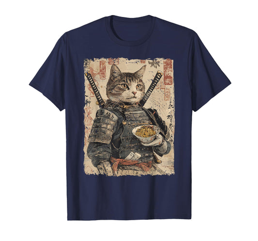 Samurai Cat Loves Ramen Funny Anime Japanese Artwork Samurai T-Shirt