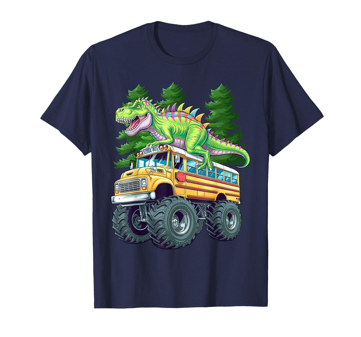 Dinosaur T-rex On Monster Truck School Bus Driver Graphic T-Shirt