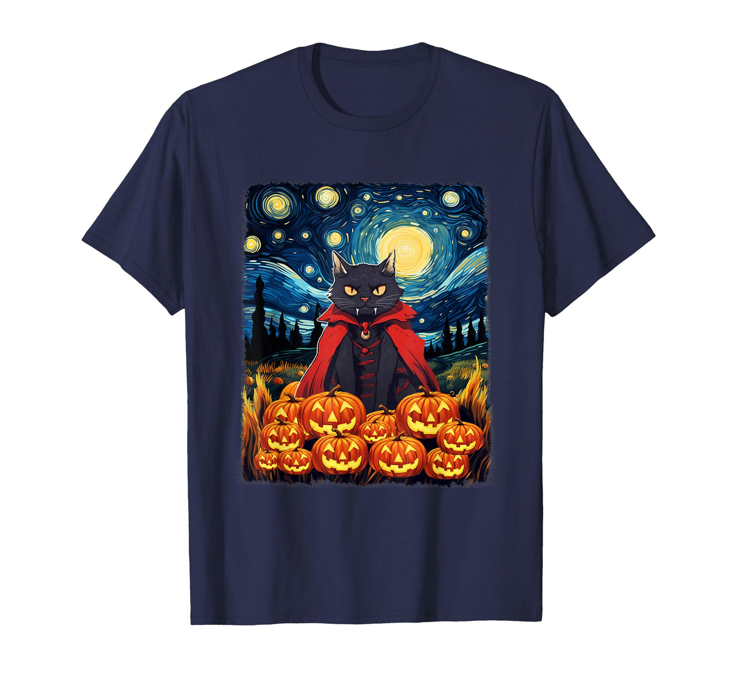 Dracula Cat Starry Night Van Gogh Retro Halloween Cat T-Shirt