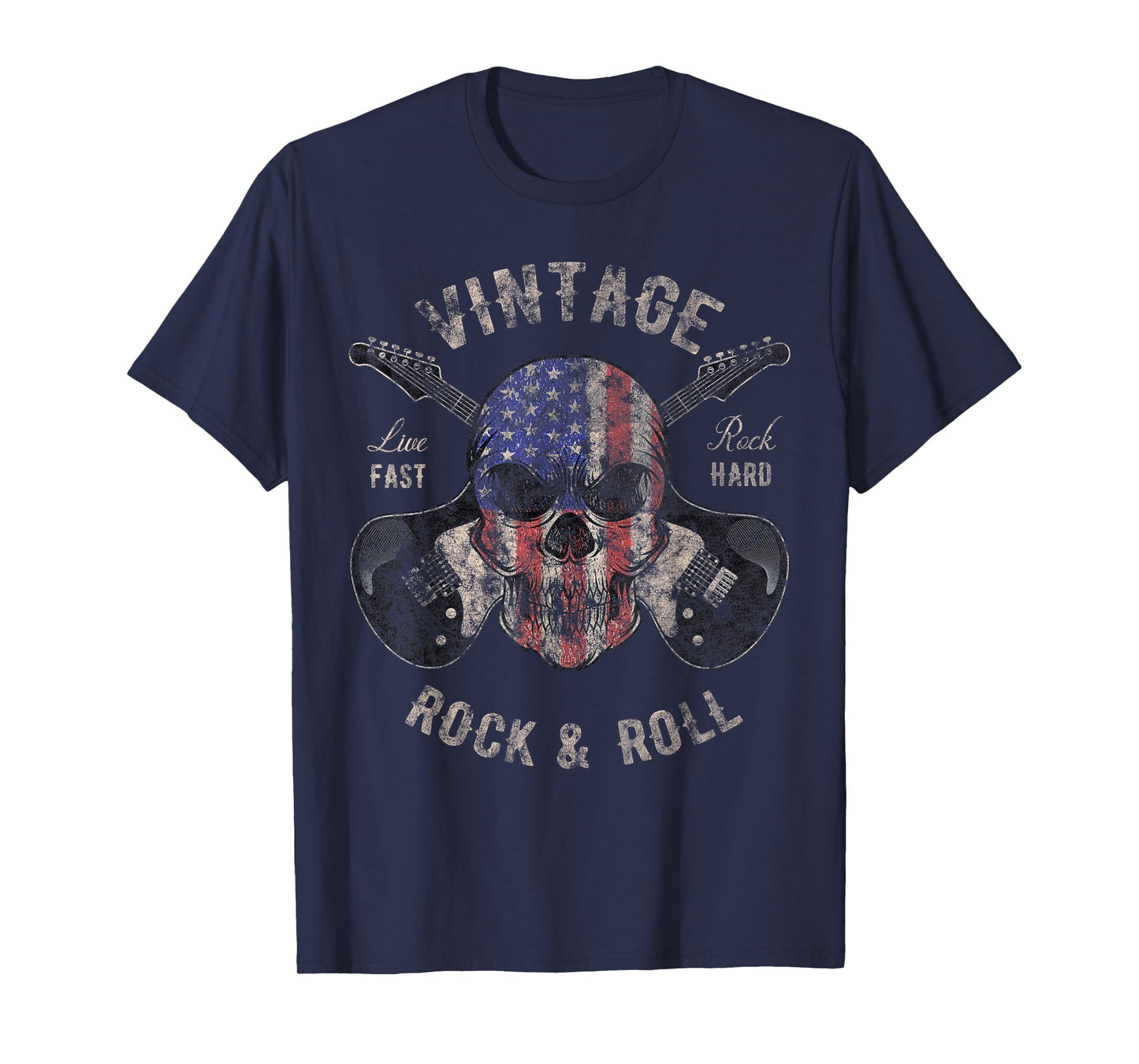 American Flag Guitar Vintage Rock and Roll Skull Guitarist T-Shirt