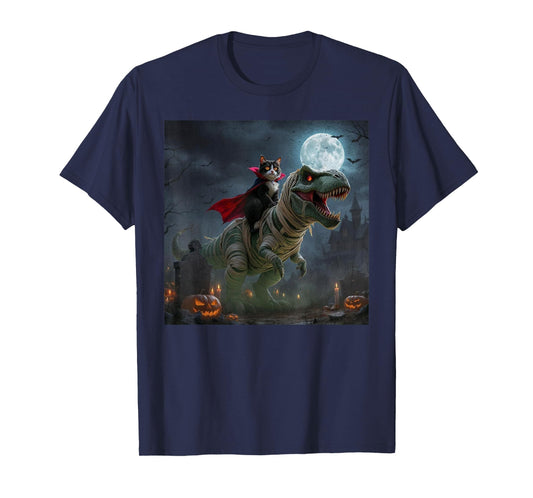 Funny Cat Vampire Riding a T-Rex Cute Halloween Meme T-Shirt