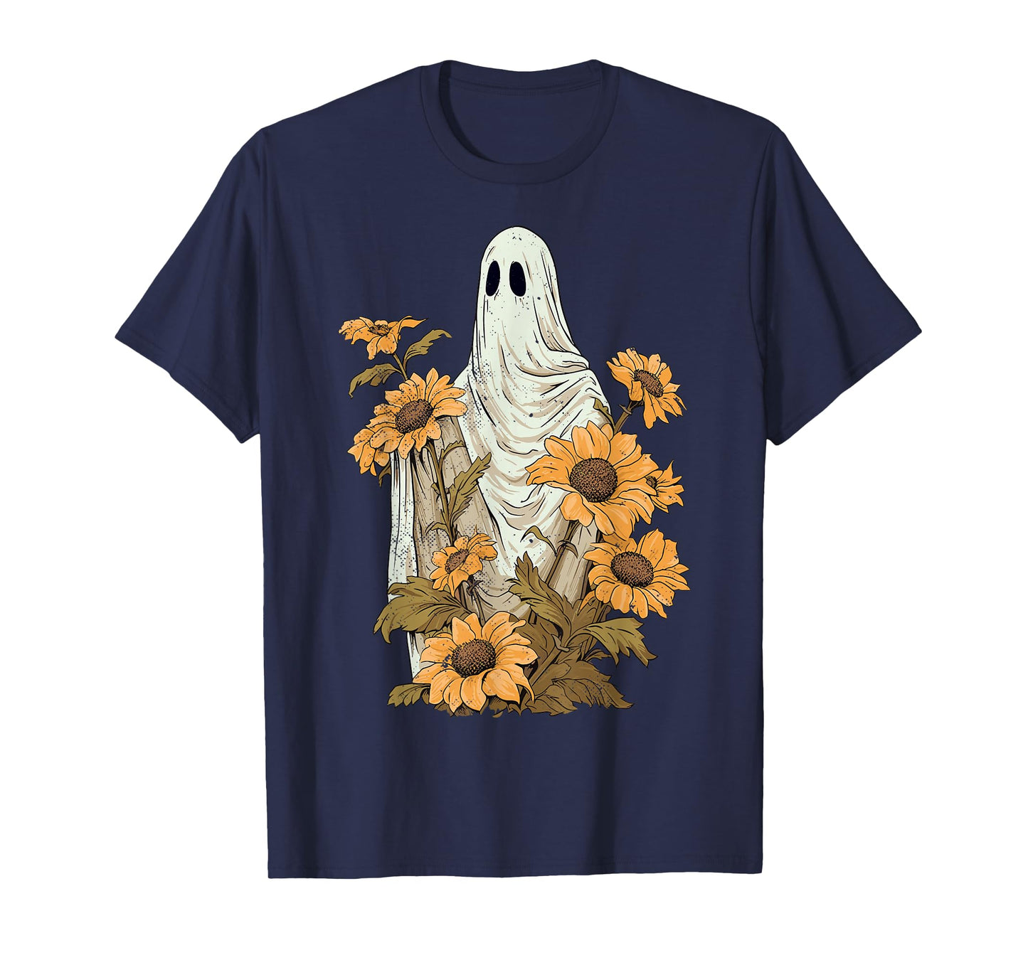 Vintage Floral Ghost Sunflowers Spooky Halloween Graphic T-Shirt