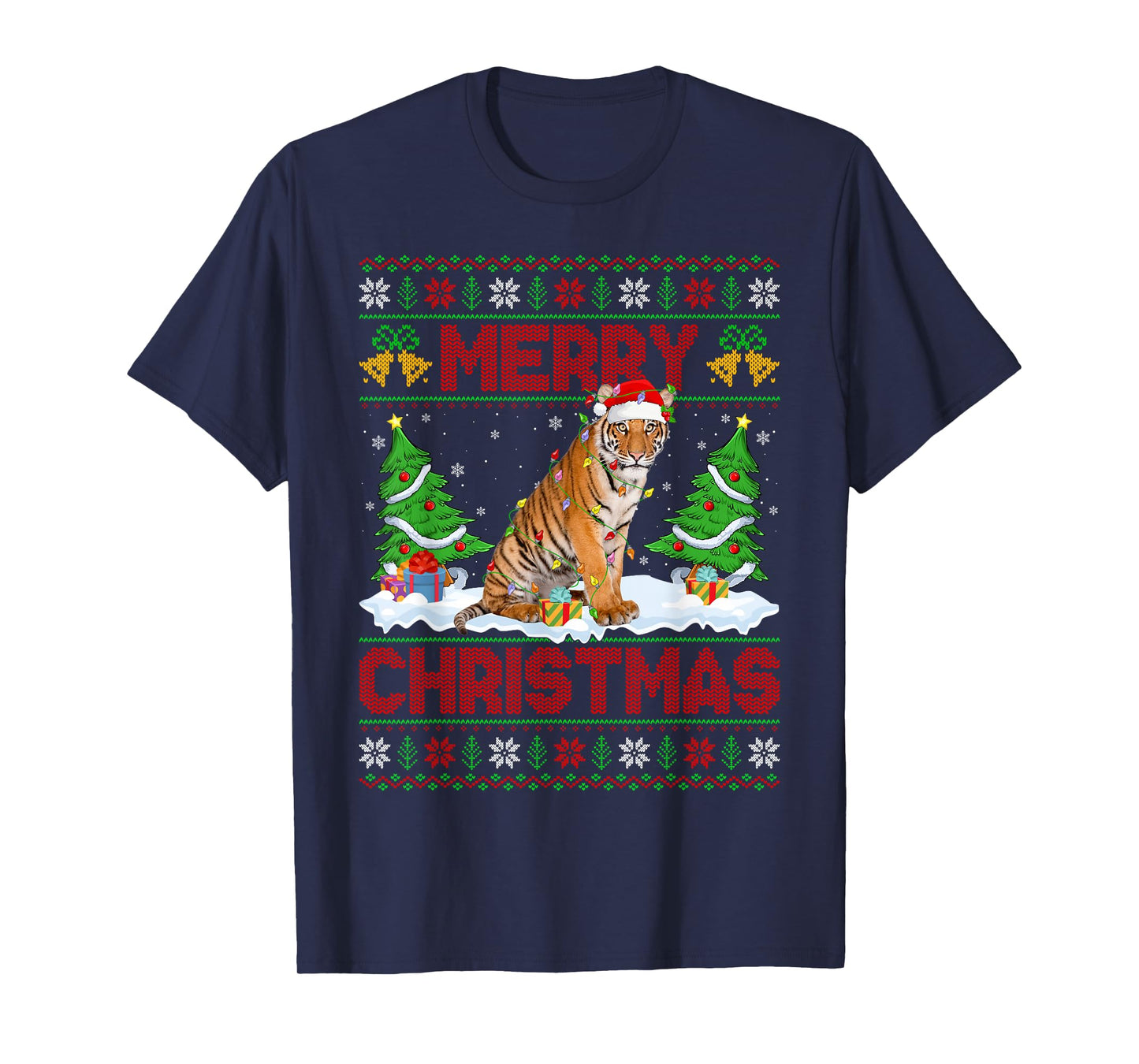 Tiger Ugly Xmas Sweater Funny Animal Lights Christmas T-Shirt