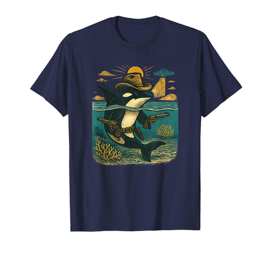 Retro Western Cowboy Orca UFO Graphic Killer Whale Lover T-Shirt