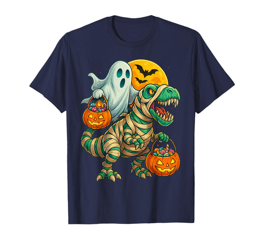 Ghost Riding Mummy Dinosaur T rex Halloween Funny Pumpkin T-Shirt