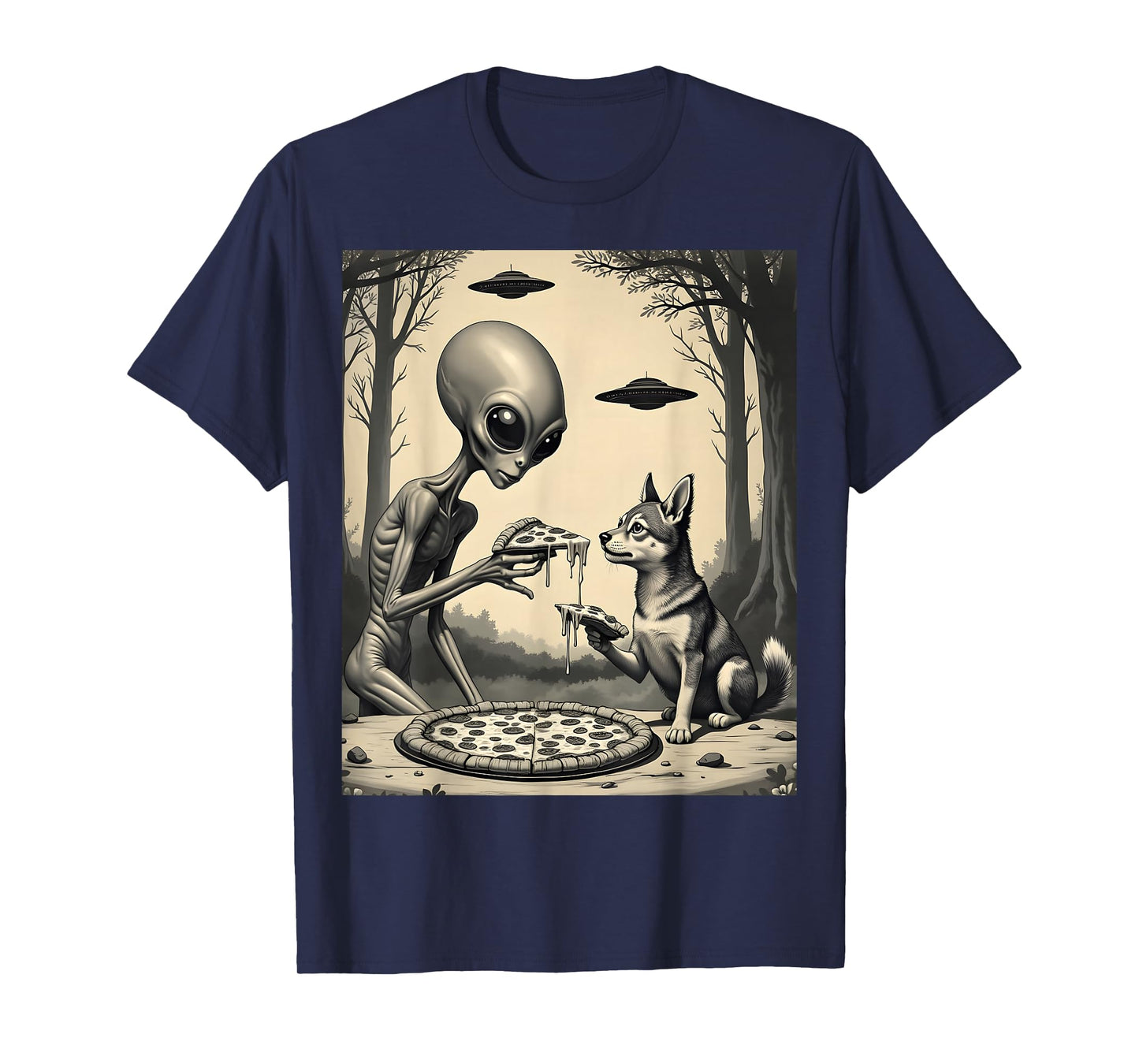 Alien And dog Eating Pizza Funny Snack Food Men Women Kids T-Shirt