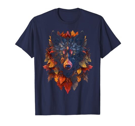 Wolf Autumn Leaves | Art Animal Motif Wolf T-Shirt