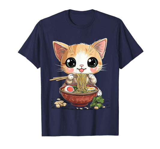 cute cat eating ramen noodles anime kawaii T-Shirt