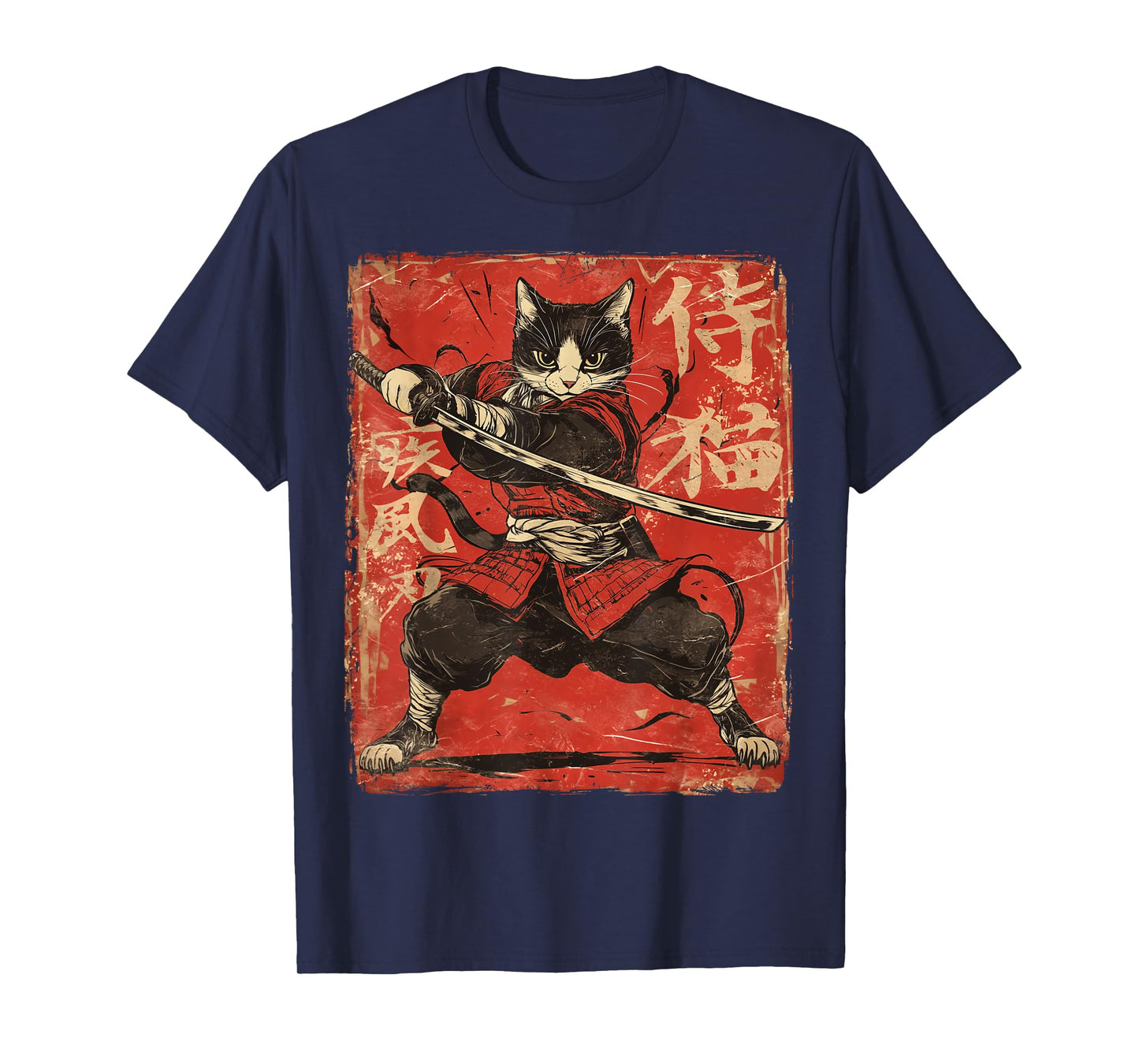 Samurai Cat Japanese Vintage Red Graphic Ukiyo-e Art Funny T-Shirt