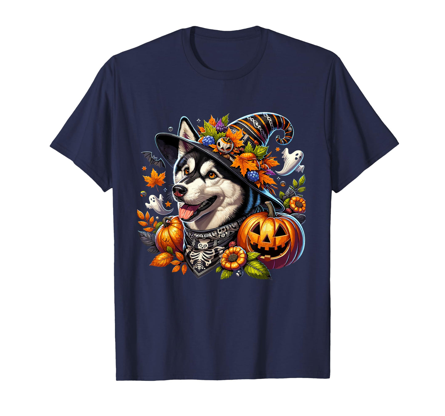 Halloween Siberian Husky Fall Leaves Autumn Pumpkin Ghost T-Shirt