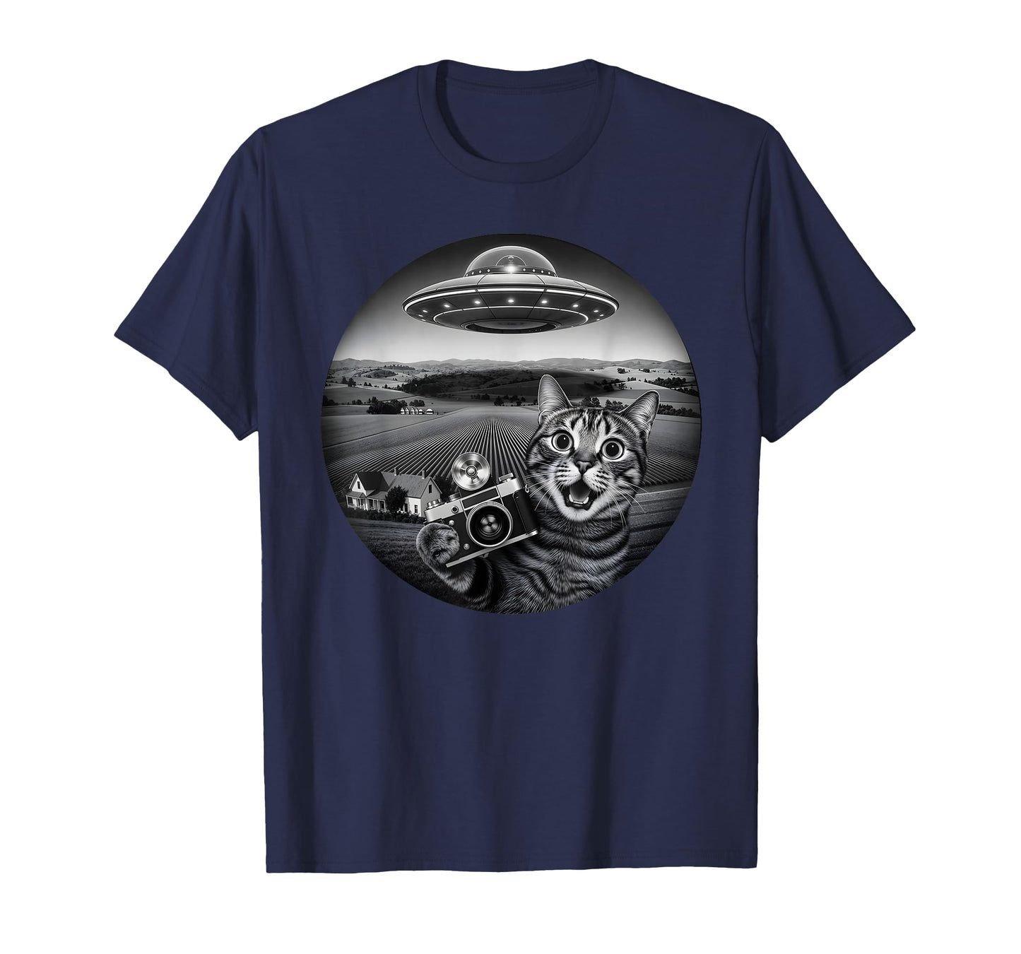 Funny Cat Selfie with Alien UFO for Men Women Kids T-Shirt