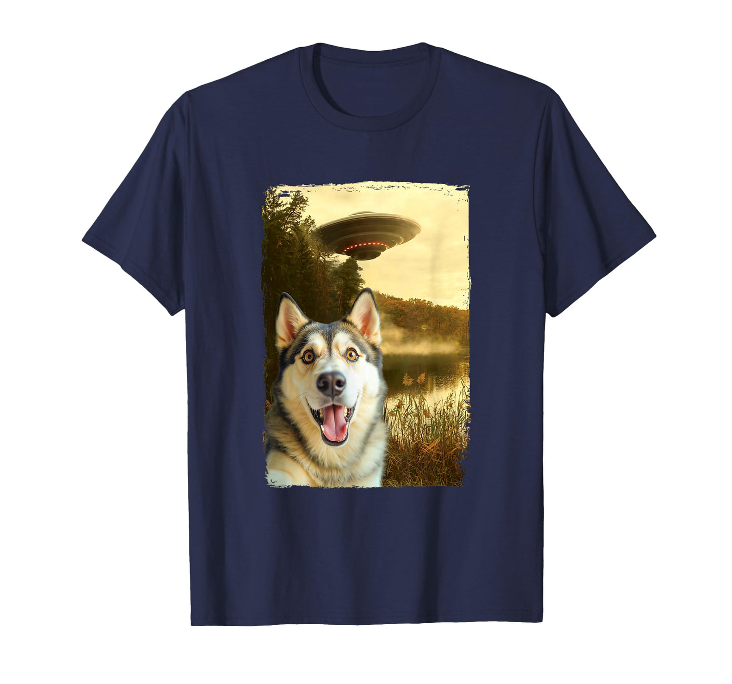 Funny Husky UFO Encounter Hilarious Husky Dog Selfie Aliens T-Shirt