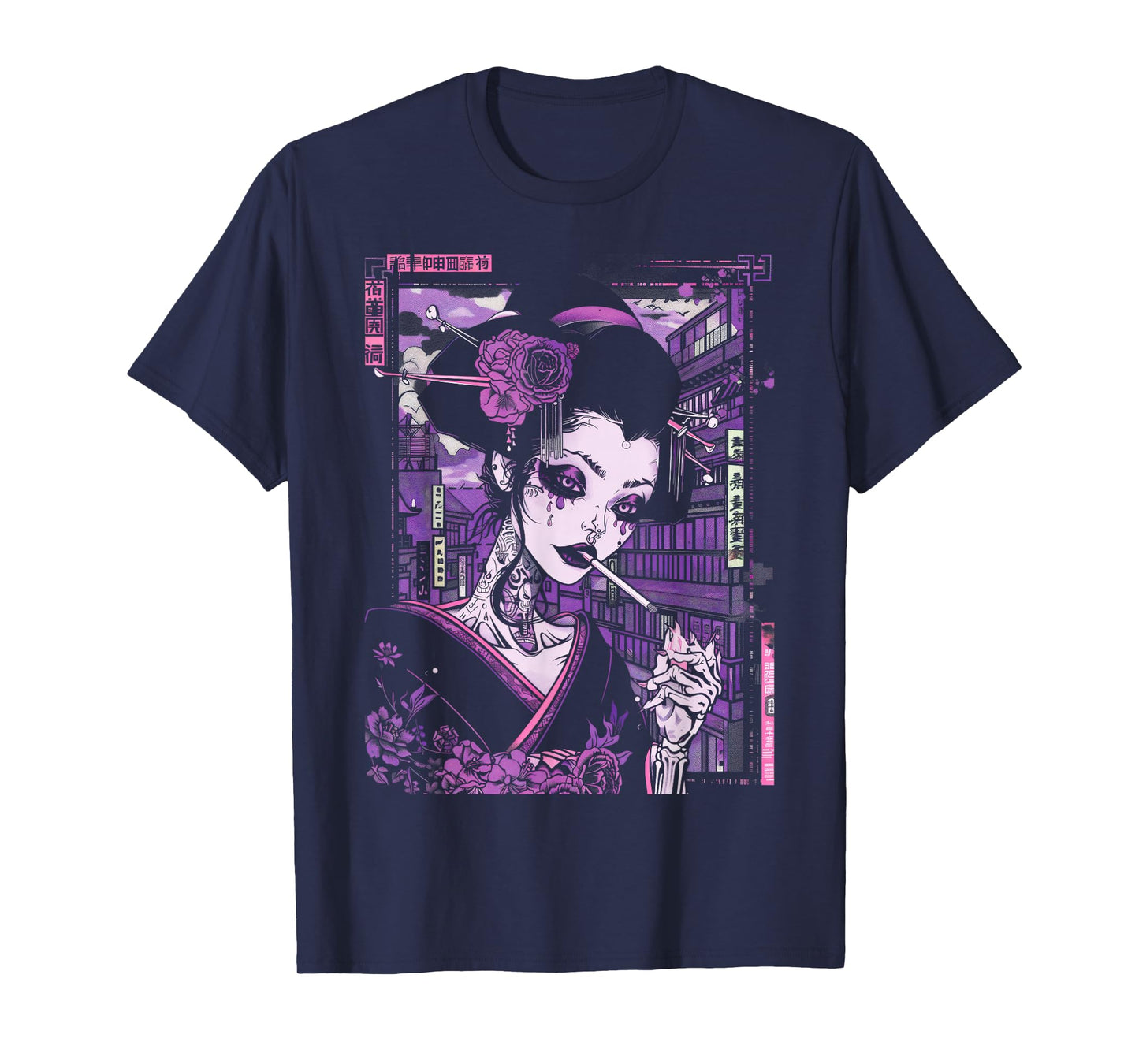 Anime Japanese Goth Cyberpunk City Geisha Purple Art Vintage T-Shirt