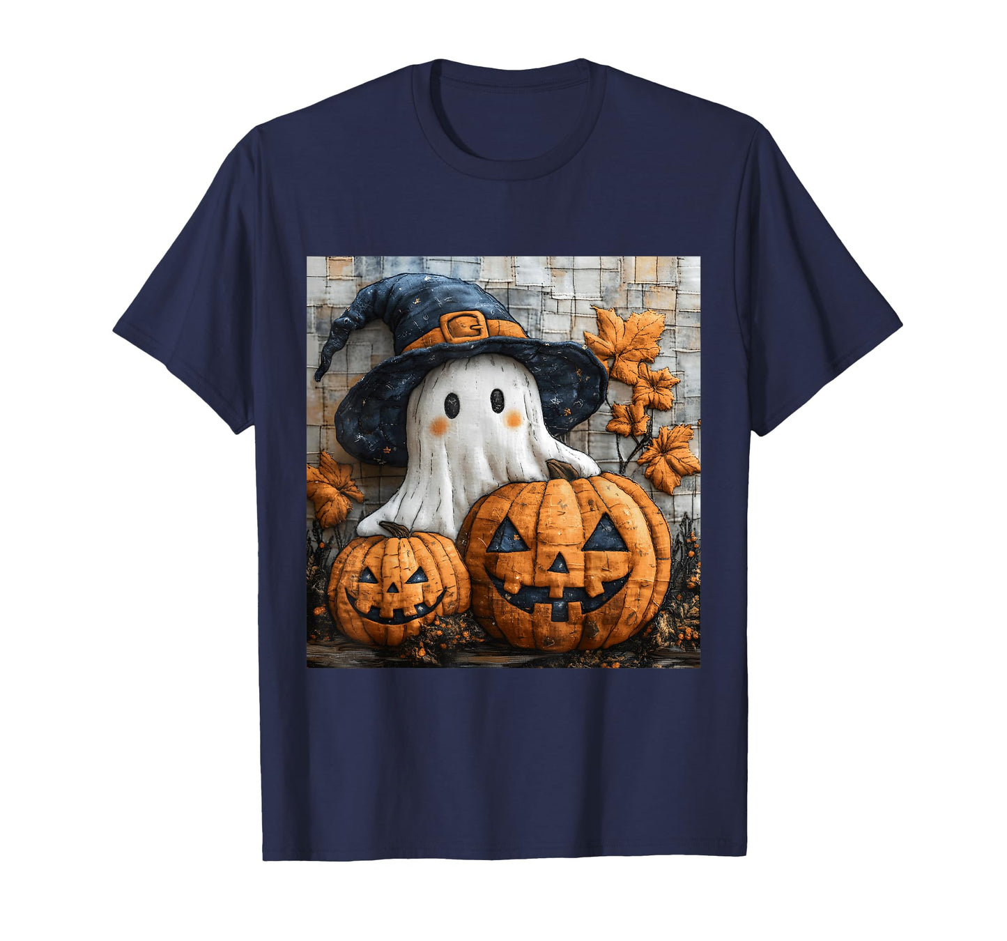Funny Ghost Pumpkin Cute Halloween Patchwork Art T-Shirt